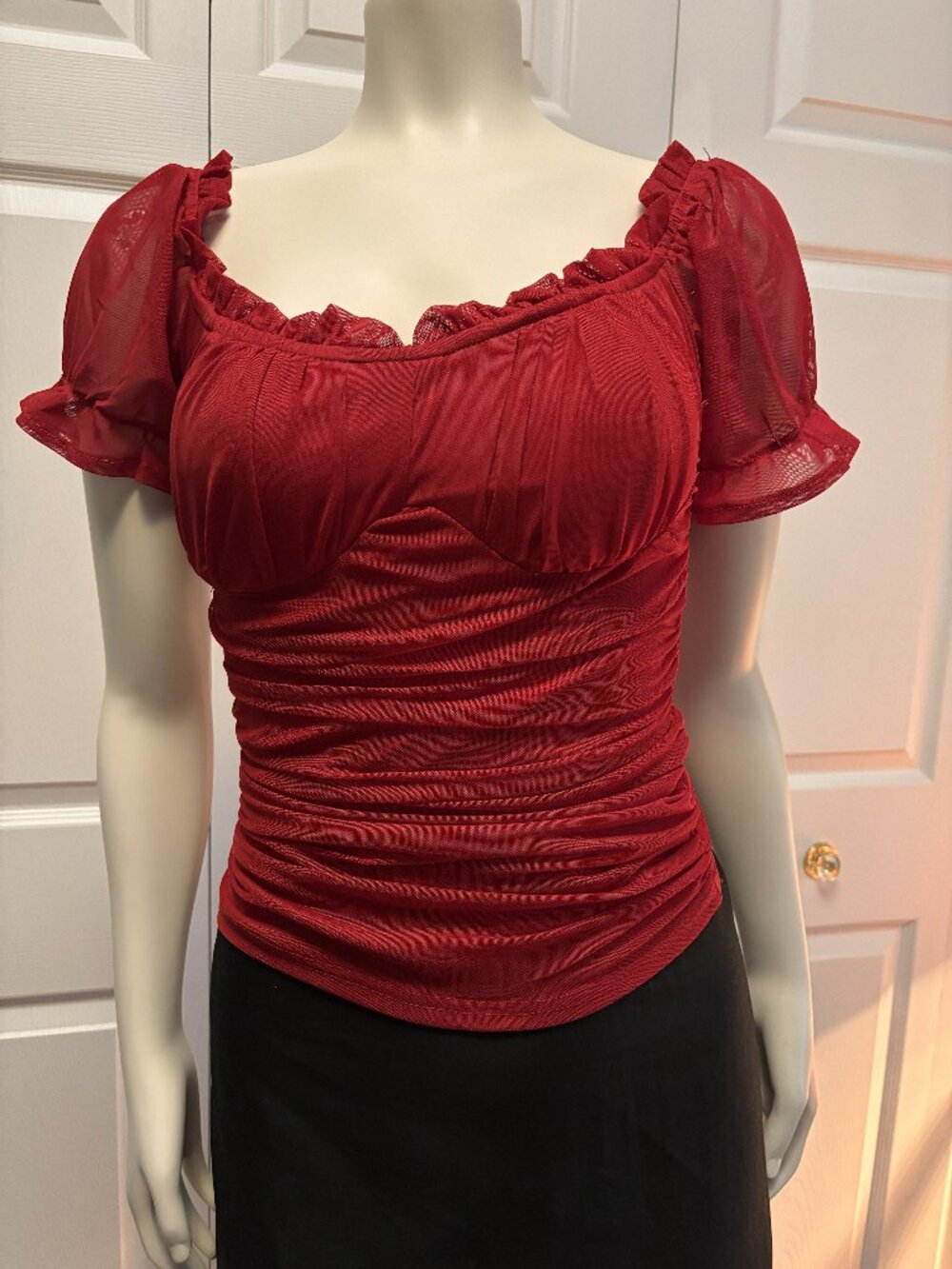 NWT Papermoon Red Ruched Off Shoulder Top Size M Sheer Puff Sleeve Blouse